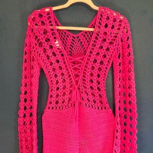 hot pink crochet long sleeve romper